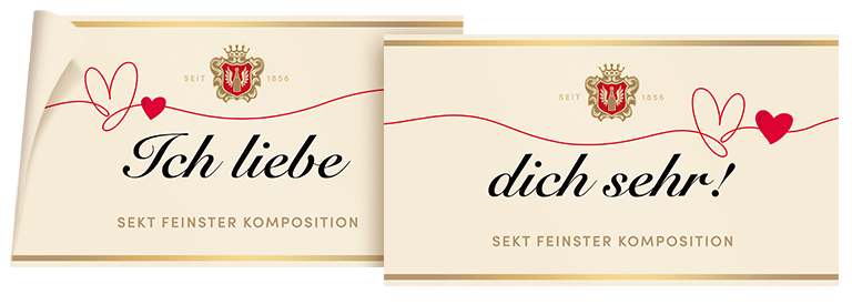 Abbildung einer mehrteiligen Botschaft: Drei Rotkäppchen-Etiketten nebeneinander tragen jeweils ein Wort und ergeben den Satz „Ich liebe dich!“.